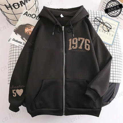 Leopard 50th Birthday Gifts Zip Up Hoodie 1976 Retro Birthday Hoodie Fashion Hoodie Mom Fiftieth Women Aesthetic Sweatshirts