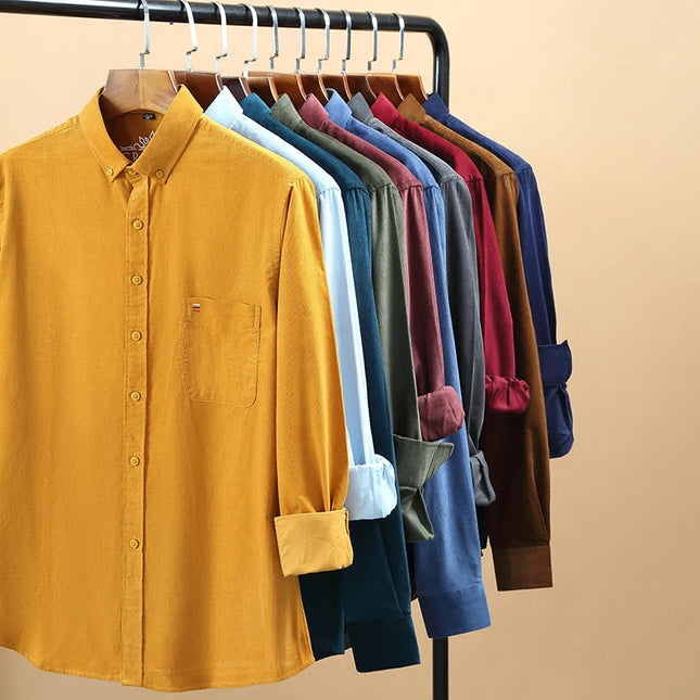 New Pure Cotton Corduroy Men's Shirts Fashionable Business Casual Comfortable Extra Size Solid Color Long-Sleeved Men Clothing