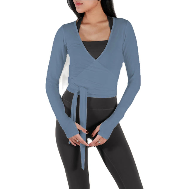 Women Sexy Wrap Crop Tops Tees Long Sleeve Deep V Neck Tie Workout Ballet Pilates Yoga T-Shirts with Thumb Holes Cropped Tops