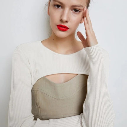 Women's Long Sleeve Crop Top T-shirts Spring Autumn Y2k Aesthetic Clothes O-neck Black White Sexy Harajuku Knitted Tshirt 2023