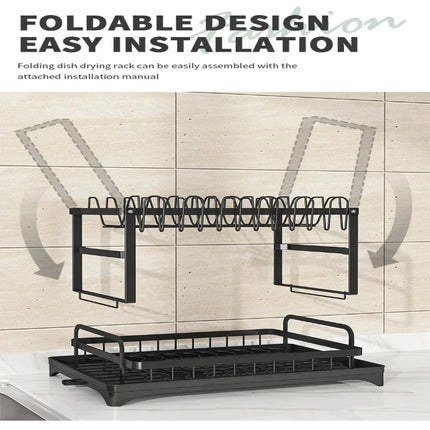 2-Tier Dish Drying Rack with Drain Tray Spout Cutlery Cup Holder Multifunctional Kitchen Countertop Storage Organizer