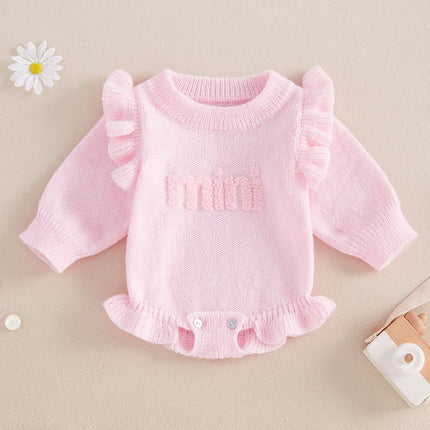 Newborn Baby Girls Knit Sweater Romper Long Flying Sleeve O Neck Mini Letter Embroidery Romper Jumpsuits