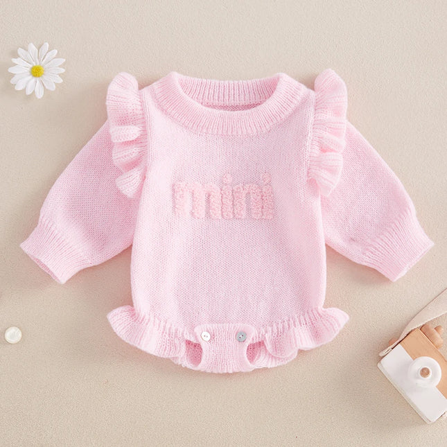 Newborn Baby Girls Knit Sweater Romper Long Flying Sleeve O Neck Mini Letter Embroidery Romper Jumpsuits
