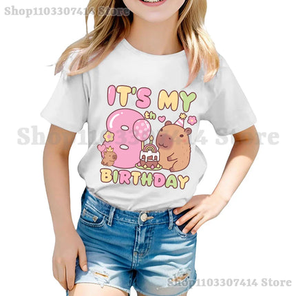 Capybara Girl Anime Cotton T-shirt Kids Cartoon Cute Top Number 1-10 Pattern Print Tee Summer Birthday Party Clothing Gifts 2025