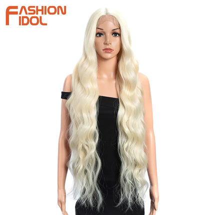 FASHION IDOL 36inch/90cm Body Wavy Lace Wigs Synthetic High Temperature Fiber Ombre Blonde Natural Hair Lace Front Wigs Cosplay