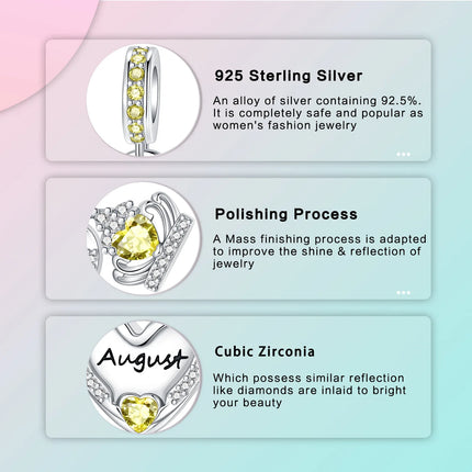 925 Sterling Silver January-December Birthday Stone Love Zircon Pendant Bead Fit Charms Necklace Bracelet Women Jewelry DIY Gift
