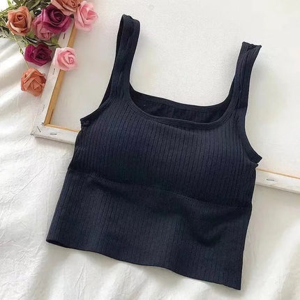 Summer Crop Top Women Seamless Square Collar Wide Straps Tank Top Knitted Striped Camisole Solid Corset Top Female
