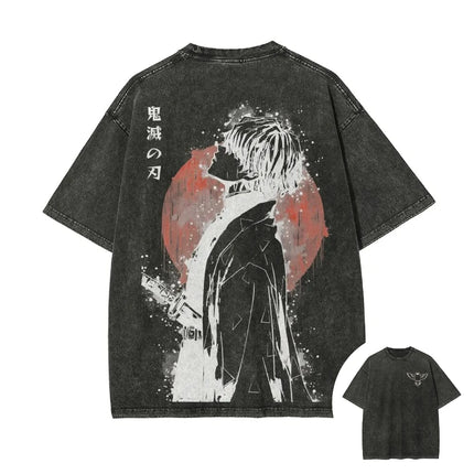 2026 Summer New Zenitsu Agatsuma Breath of Thunder Retro Washed Old T-shirt Demon Slayer 90s Street Style Short-sleeved Top