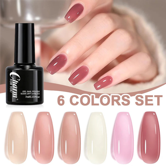 6pcs nude Color Nail Gel Polish Kit Jelly Pink Semi-transparent HEMA FREE Self Leveling Nude Natural Pink Nail Manicure Set