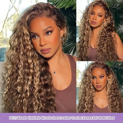15A Water Wave Miracle Knots Feather Crochet Human Hair With Spiral Curly End Pre-Looped Highlight Burmese Curly Bulk Human Hair