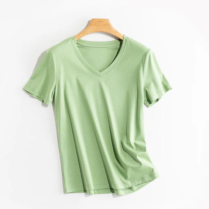 SuyaDream Women Solid T shirts, Silk Cotton Blend, O Neck, Short Sleeved Solid Tee,2025 Summer Candy Colors Basic Cozy Top Green
