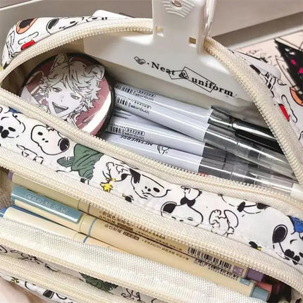 Snoopy Pencilcase Multi Layer Canvas Drawstring Pen Bag Kawaii Cartoon Stationery Storage Bag Students School Supplies Gifts