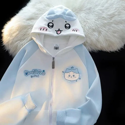 Japanese Kawaii Rabbit Ears Hoodie Sweatshirts Spring Autumn Lazy Sweet White Blue Cardigan Long Sleeve Loose Knitted Top