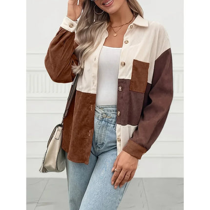Plus Size 1XL-5XL New Women's Fashion Color-Block Pocket Shirt With Lapel Collar Ladies Casual Long Sleeves Blouse Shirt Top