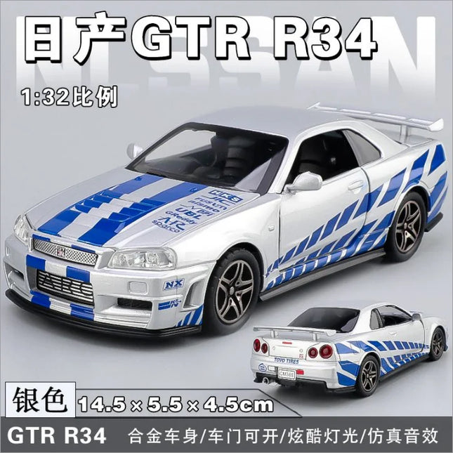 1:32 Scale GTR R34 R35 Diecast Model Alloy Toy Sport Cars Sound Light Pull Back high simulation Kid Birthday Gift Collect