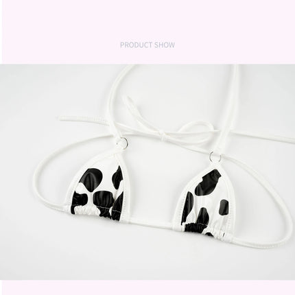 Cute Milk Cow Printing Patent Leather Bikini Set Cow Cosplay Costume Women Sexy Bandage Swimsuit Lolita Underwear Bra Panty Suit