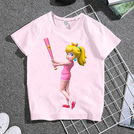 2026 New Cartoon Mario Princess Children's Clothing T-Shirt - Summer Boys and Girls Short-Sleeved Pink Family Set Student Shirt