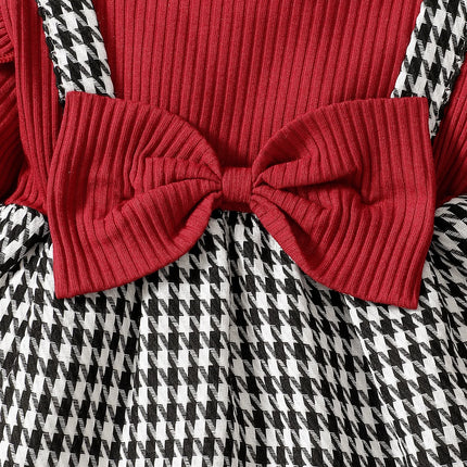 Baby Girl Autumn/Winter Fashion Cute Round Neck Thousand Bird Grid Color blocked Lotus Leaf Side Sleeve Fake Two piece Strap Ski