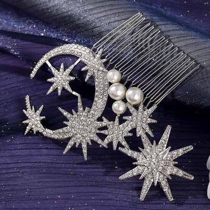 Retro Korean-Style Star and Moon Bridal Hair Comb Classic Pearl Handmade Hair Clip Headpiece For Women Holiday Hair Accessories