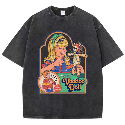 Voodoo Doll Print Women Distress T Shirt Summer Breathable Wash Tshirt Street Fashion Tees Clothing Casual Sport Cool T-Shirts