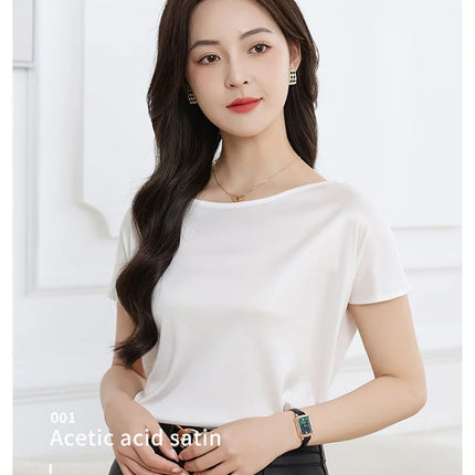Summer women's short sleeved acetate fabric high-end knitted women's T-shirt thin European style hot selling women's T-shirt