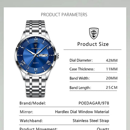 POEDAGAR Luxury Man Clock Waterproof Luminous Week Date Fashion Men's Wristwatch Stainless Steel Business Quartz Watches For Men