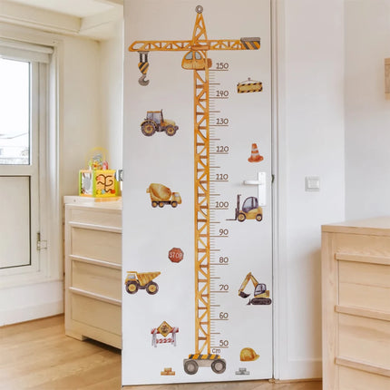 Cartoon Crane Construction Height Chart Wall Sticker Kids Growth Measurement Decal Removable Self-Adhesive Vinyl For Nursery