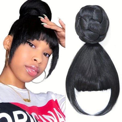 Synthetic Bun & Bang Set 2PCS Braided HairBun Bangs Straight Clip in High Bun with Bangs Clip on Hair Piece for Black Women