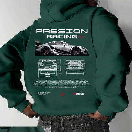 Popular digital pattern men's hooded sweatshirt with car-themed design, American-style casual sports long-sleeved shirt