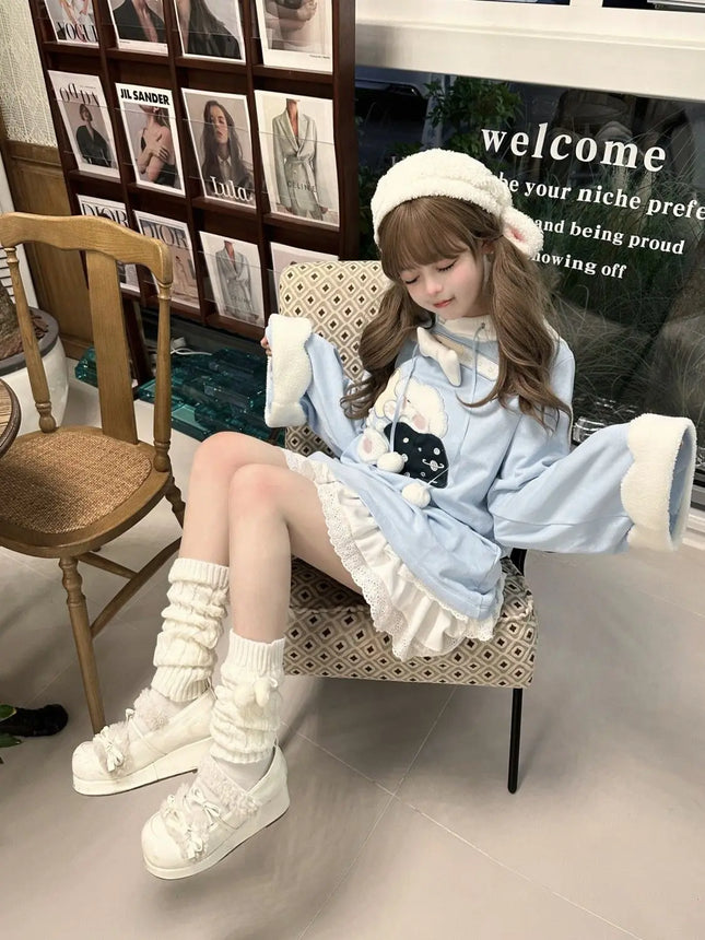 Japanese Girl Cream Spliced Cute Ear Hoodie with Puppy Embroidery Hooded Loose Top Jacket