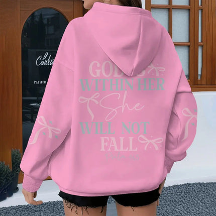 "God Is Within Her Will Not Fall" Print Hoodie Women Coquette Bow Pattern Christianity Hoody Fashion Jesus Female Hoodies