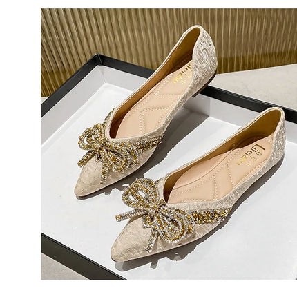Women Flat Elegant Fashion Women Flat Fashion Ballet Shoes Ladies Bling Crystal Bow Tie Pointed Toe Flats Shoes Zapatos De Mujer