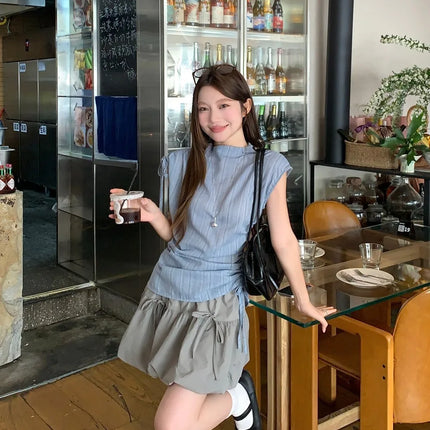 Blue Striped Drawstring Tie Women's Shirt Summer New Style French Stripe Design Modified Version Round Neck Sleeveless Dress
