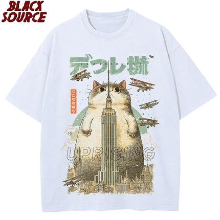 T357 Funny Cat Eating Ramen Vintage Japanese Noodles Geek Normal All Cotton Mens Tops T Shirt Casual Tees Hot Sale T Shirts