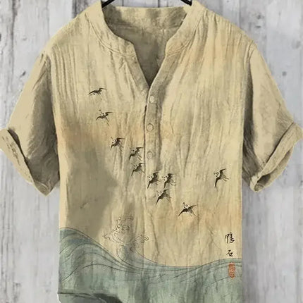 Popular European and American short-sleeved wave pattern men's shirts, stand-up collar shirts, Hawaiian shirts, men's vacation shirts