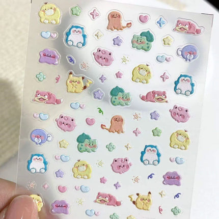 Pikachu Pokemon PK Nail Decals Relief Embossed Stickers Cute Cartoon Manicure Decor for Press On Nails Salon Use Gifts