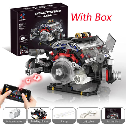 K96212 664pcs F+1 Supercar Engine Building Blocks V8 Simulation DIY Model LED Light & APP Control Programming Motor Drive Bricks