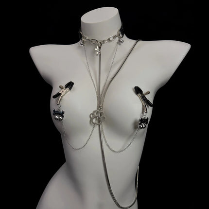 Women's Erotic Collar with Chain and Nipple Clamps Unisex Metal Bell Clamp BDSM Training Toy Body Jewelry Adult Sex Toy 18+