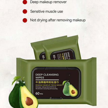 Avocado Makeup Remover Towel - Large Volume 60pcs, 3-in-1 Gentle Deep Cleansing for Eyes, Lips & Face,One-time makeup remover
