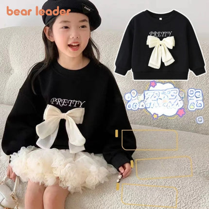 Bear Leader Spring and Autumn Fashion New Girls' Pullover Bow Black Long Sleeved Top Korean Version Children's Casual Wear