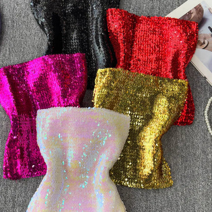 Elastic Slim Fit Stage Performance Outfit Heavy Sequin Wrap Chest Vest Tube Top in Pink Versatile Sexy Commute Sle ort Sl...
