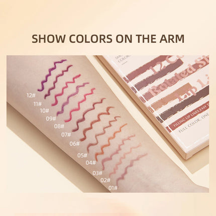 12-Piece Lip Liner Set - Long-Lasting, Waterproof, Nude Shades with Plant Squalane - Perfect Valentine's Day Gift for Her, Moist