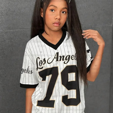 Girls Casual Sports Style Los Angeles NO.79 Print Short Sleeve V-Neck Women's Children Men's T-shirt Tops