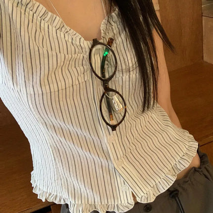 Korean Sle ort Striped Vest Women Summer Outerwear Subtle Design Single Button Lobone Trendy Age-Defng Top
