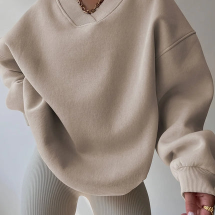 Cozy Women's Solid Color Pullover Sweatshirt, Long Sleeve V Neck Casual Wear for Fall & Winter Seasons