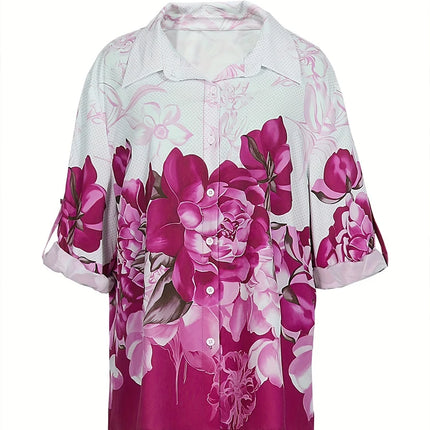 Plus Size 2024 Summer New Women's Printed Pattern Shirt Single Row Button Lapel Long Sleeve Shirt Polyester Material