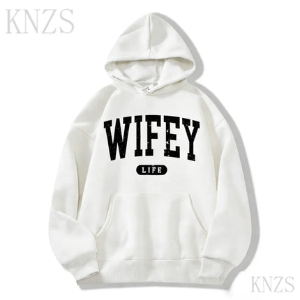 Wifey Life Graphic Hoody Pocket Drawstring Spring Winter Cozy Hoodie Fashion Men Women Grey Sweater Long Sleeved Casual Tops