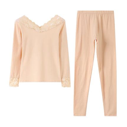 Women's Thermal Underwear Cotton Woman Winter Clothing Sexy Lingerie Set Long Johns Lace Bottoming Thermal Shirt Pant Sets 2Pcs