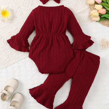 Baby girl autumn and winter casual fashion texture fabric round neck double-layer flared sleeves bow bow front jumpsuit and flar
