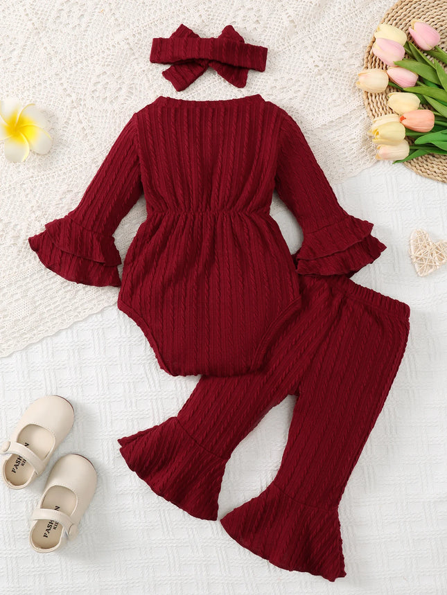 Baby girl autumn and winter casual fashion textured fabric round neck double-layer flared sleeves bow front jumpsuit and flar